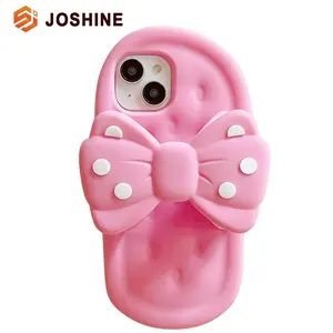 蝴蝶结波点人字拖后盖3D外壳软硅胶可爱卡通粉色拖鞋手机外壳适用于iphone 15 14 13 Pro Max
