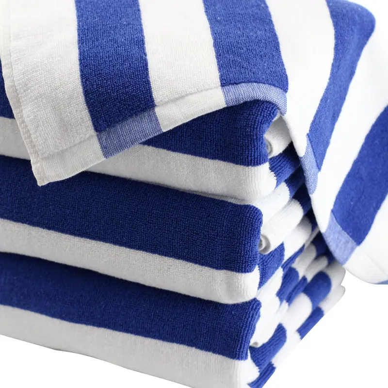 Custom LOGO Cotton Blue and White color Striped Pool Beach Towel for Resort Hotel