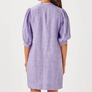 Vestido de Lino de Verano 2025 para Mujer, Color Sólido, Cuello en V, Estilo Holgado para Vacaciones - Product Image 3