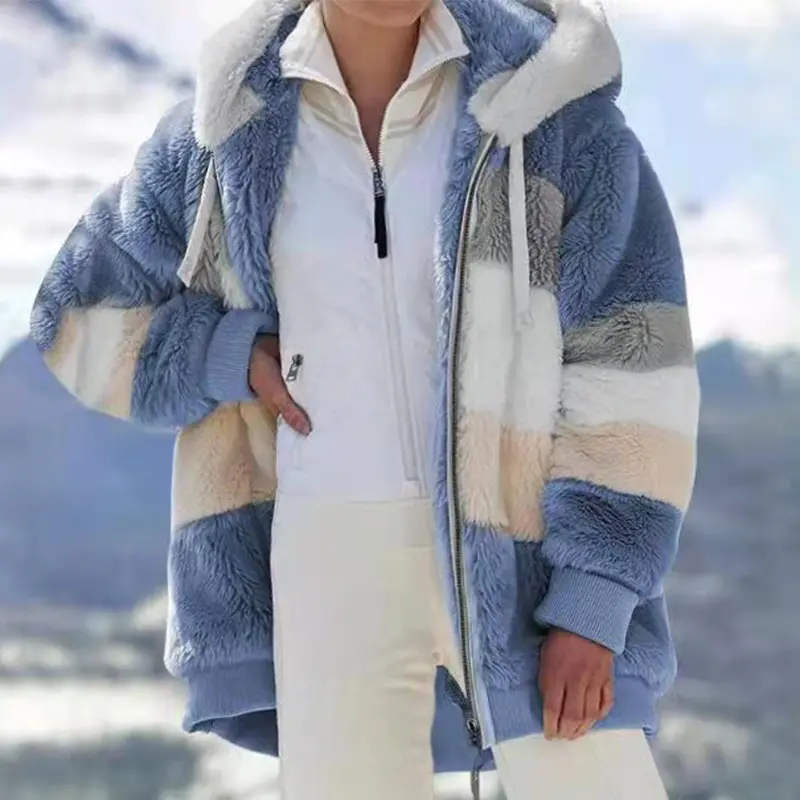 Color Block Unisex Fleece Hooded Full Zip Up Sherpa Jackets Faux Fur Coat Winter Windproof Overcoat Fuzzy Warm For Woman