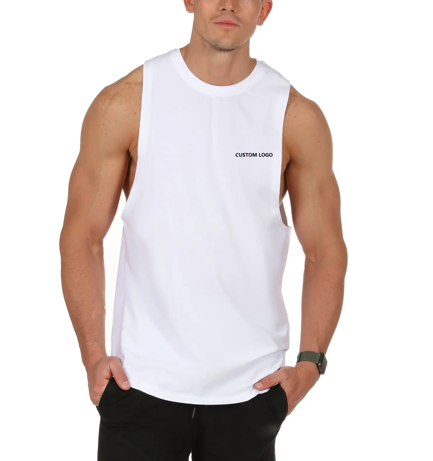 Custom Manufacturer Blank 100%Cotton Gym Fitness Bodybuilding Men Print Muscle Drop Armhole Workout Tank Top