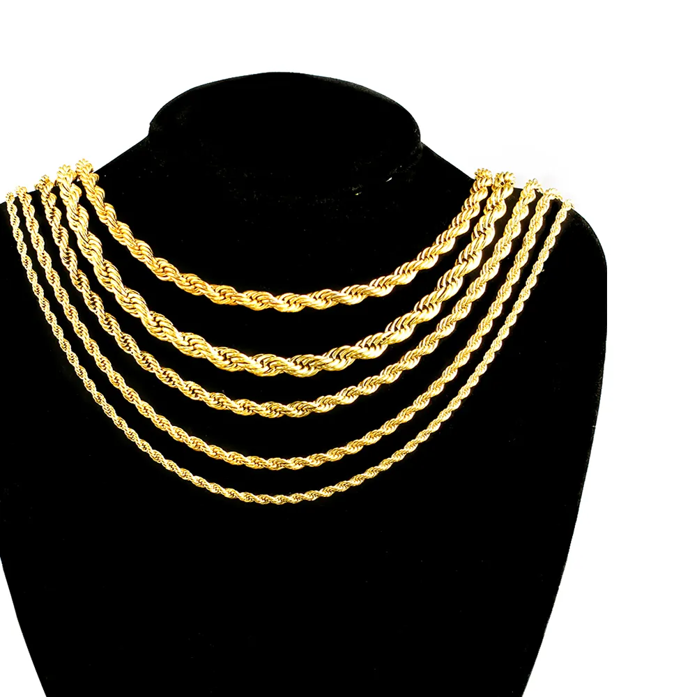 Collier chaîne corde torsadée hip hop plaqué or 18 carats 8mm bijoux chaîne à maillons en corde à long cou en acier inoxydable