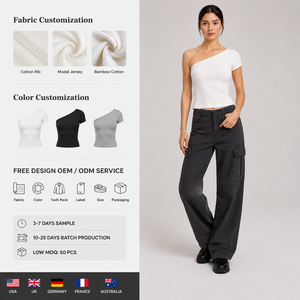 Haut court ajusté blanc asymétrique à une épaule et manches courtes pour <span class=keywords><strong>femme</strong></span> – Tendance et décontracté - Product Image 1