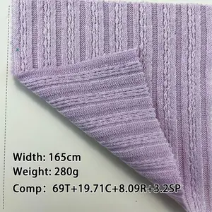 Jarum kasar jacquard ribbed 280g 69 poliester 19.71 katun 8.09 rayon 3.2 spandeks lembut elastis kain rajut jacquard