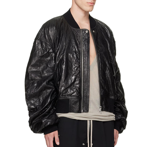Chaqueta de Cuero Tipo Bomber con Cierre de Cremallera Personalizada OEM, Cuello Alto de Punto Acanalado, Chaqueta de Cuero de Alta Calidad - Product Image 3