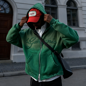 เสื้อฮู้ดดี้ทรงบ็อกซี่แบบซิป ไม่มีเชือกผูก ย้อมสีแบบ Acid Wash คุณภาพสูง ปักลาย апплика ด้วยเทคนิคการปัก - Product Image 1