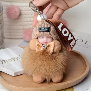 Porte-clés mignon en fourrure de renard véritable avec <span class=keywords><strong>pompon</strong></span> pour femme, pendentif pour sac, accessoires de clés de voiture, cadeau pour fille, poupée en peluche, porte-clés de couple - Product Image 6