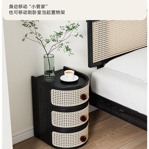 Japanese Style <b>Rattan</b> Storage Cabinet Solid Wood Multi Layer Shelf Modern Minimalist <b>Bedside</b> <b>Table</b> Bedroom Furniture - Product Image 3