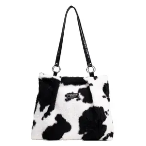 Trendy Handbags Women's Faux Fur Plush Cow Print Purses Big Tote Shoulder Bag with Soft Handle 2023 Purse Bag