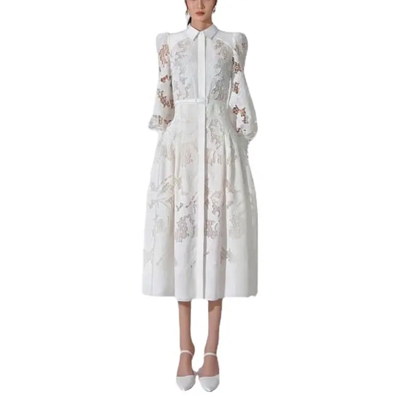 2023 Summer New Designer White Water Soluble Lace Dress Women's Long Sleeve Pleated Casual Lace up Embroidery Long Dress