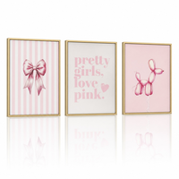 Décoration murale encadrée 3 pièces Chien ballon rose Coquette de luxe avec nœud, cadre en aluminium doré, pour chambre de fille, boutique, maison, appartement