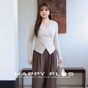 Haut en maille côtelée douce à col en V croisé style Ins pour femme, coupe ajustée, manches longues, grande taille, tendance - Product Image 3