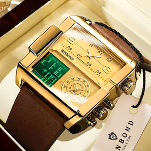 Binbond Men's Square Analog Digital Watch 11mm Three Display Multiple Time Zone Quartz Watch Brown Leather Strap - Product Image 1