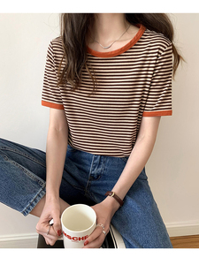 Maglietta donna coreana estate Vintage Patchwork a righe semplice Top sottile sottile Casual manica corta O collo Tee Shirt femminile - Product Image 5