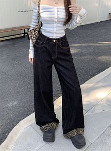 Pantalones de mezclilla de mujer de nuevo estilo, holgados, de pierna recta, con dobladillo enrollado y estampado de leopardo en patchwork, de pierna ancha, a la moda - Product Image 2