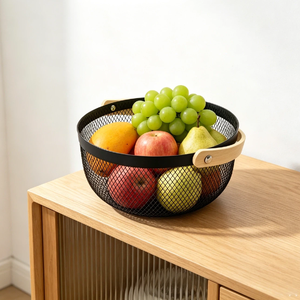 <span class=keywords><strong>Panier</strong></span> à fruits en maille métallique, <span class=keywords><strong>panier</strong></span> <span class=keywords><strong>de</strong></span> rangement pour le linge, organisateur, <span class=keywords><strong>panier</strong></span> à fruits rond en maille avec poignée en bambou - Product Image 1