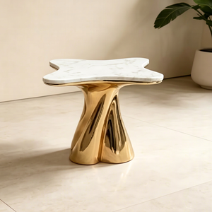 Table basse sculpturale moderne avec base en métal torsadé et plateau aspect marbre, table d'appoint pour salon ou hôtel - Product Image 1