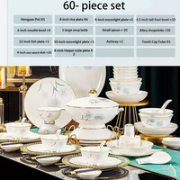Service de table en porcelaine de luxe 60 pièces à motif pissenlit romantique, vaisselle en céramique à bord doré, soupière, inspiration européenne pour mariage