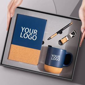 Custom logo A5 Notebook Pen Keychain Cork Base Ceramic Coffee <b>Cup</b> Mug With Cork Bottom Festival Promotional Business Gift Set - Product Image 1
