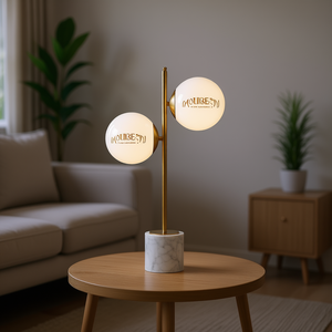 Lampe de table globe LED moderne à 2 lumières, abat-jour en verre blanc, base en marbre, finition dorée, décoration de salon - Product Image 2