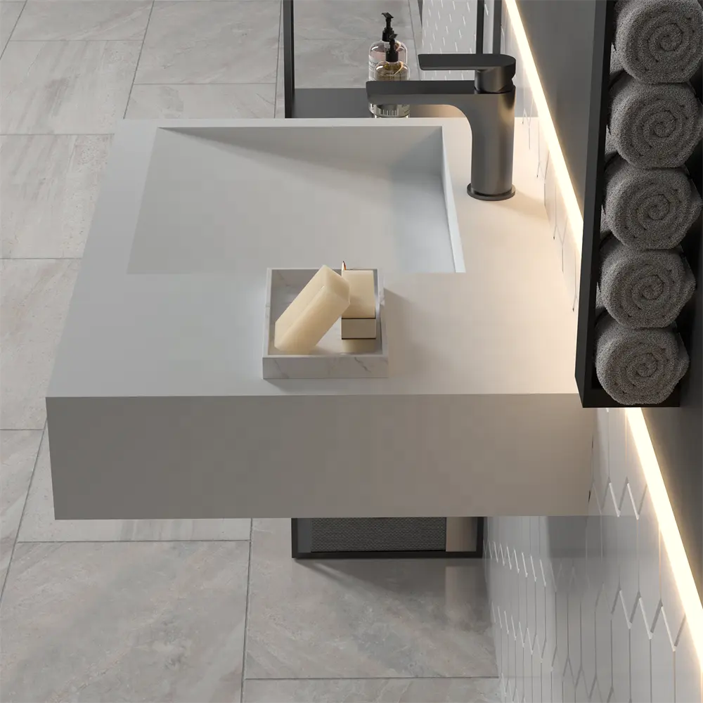 モダンなスタイルのイタリアデザイン人工石シングルシンク壁掛け式手洗い洗面台バスルーム固体表面吊り下げ式洗面台