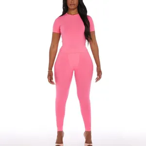 Causal Hot Pink Ribbed Short Sleeve Top Tshirt Tee Slim Fit Women Leggings Set Ribbed 2 Piece Set Women