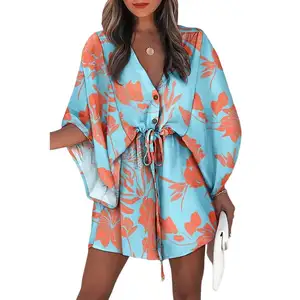 Fast Delivery Trending Ladies Casual Geometric Print V Neck Batwing Sleeve Dress