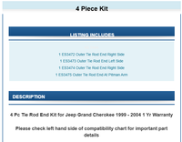 Kit d'embouts de biellettes de direction intérieurs et extérieurs ES3472 ES3473 ES3474 ES3475 pour Jeep Grand Cherokee 1999-2004