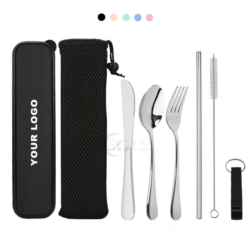 Переносные столовые приборы из нержавеющей стали с логотипом на заказ, набор столовых приборов для кемпинга и путешествий с чехлом и открывалкой