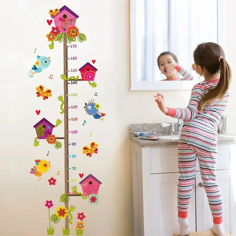 Наклейка на стену с мультяшным рисунком ветка дерева птичьей клетки стикер для измерения высоты детской комнаты детского сада