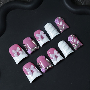 Uñas acrílicas artesanales de alta gama al por mayor, uñas postizas cortas de cobertura completa con forma de pico de pato, con pedrería, diseño 3D, personalizables - Product Image 3