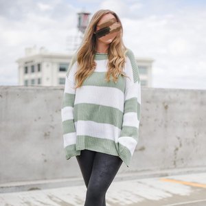 Chất lượng cao mùa thu Vòng cổ Áo Thun Dài Tay Vòng cổ sọc áo len của phụ nữ loe tay áo lỏng Áo len - Product Image 2