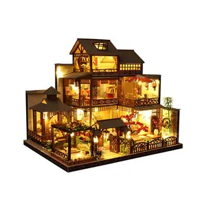 Rumah boneka DIY kuno miniatur 1:12 kayu ukuran besar miniatur furnitur Kit kerajinan kayu rumah boneka furnitur besar