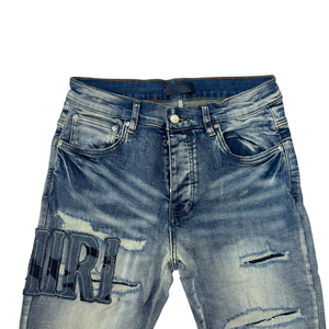 Jeans Stile AMIRY Personalizzati Blu Effetto Vissuto con Ricami e Patchwork a Nastro <span class=keywords><strong>Pantaloni</strong></span> Denim Hip Hop Streetwear da <span class=keywords><strong>Uomo</strong></span> - Product Image 4