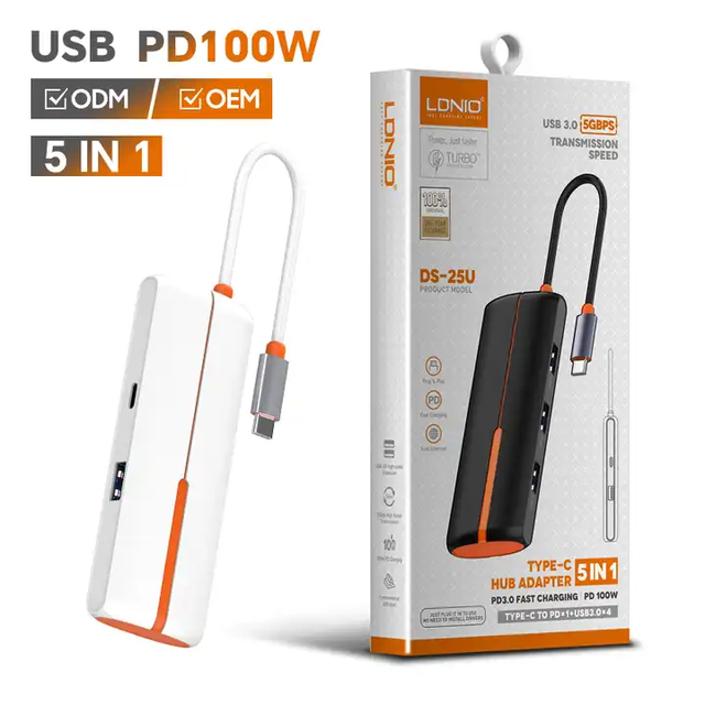 LDNIO DS-25U New Series 5 in 1 Usb c USB3.0 USB 3.0 Hub Type c Laptop Digital Display Type C Hub 4k Dock Docking Station
