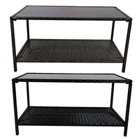 Table d'appoint en gros d'usine avec plateau en verre trempé, structure en acier, table basse en rotin