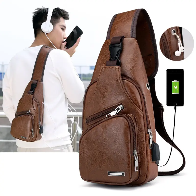 Wholesale 2023 New Korean Fashion Charging Men Chest Bag Outdoor Leisure PU Leather Single Shoulder Briefcase