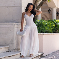 Combinaison de plage fluide et ample pour femme, avec bretelles spaghetti, col en V, haut côtelé, et pantalon large en maille transparente, style cache-maillot