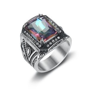 Yunnique Men's Geometric Cube Ring with Colorful Synthetic Gemstone Pave Setting Retro Steel Color Jewelry Gift - Product Image 5