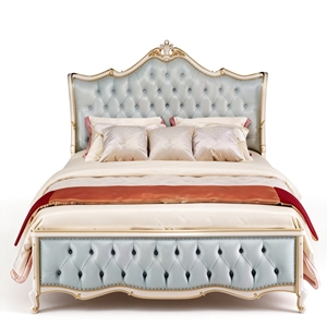 <span class=keywords><strong>Letto</strong></span> di Lusso Francese Barocco Premium con Testiera Imbottita in Pelle <span class=keywords><strong>Blu</strong></span>, Rifiniture Intagliate in Oro, Comoda Struttura in Legno Morbido - Product Image 1