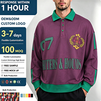Sweat-shirt polo à manches longues pour homme, col contrastant, patte de boutonnage, appliqué brodé, pull universitaire, logo personnalisé OEM ODM