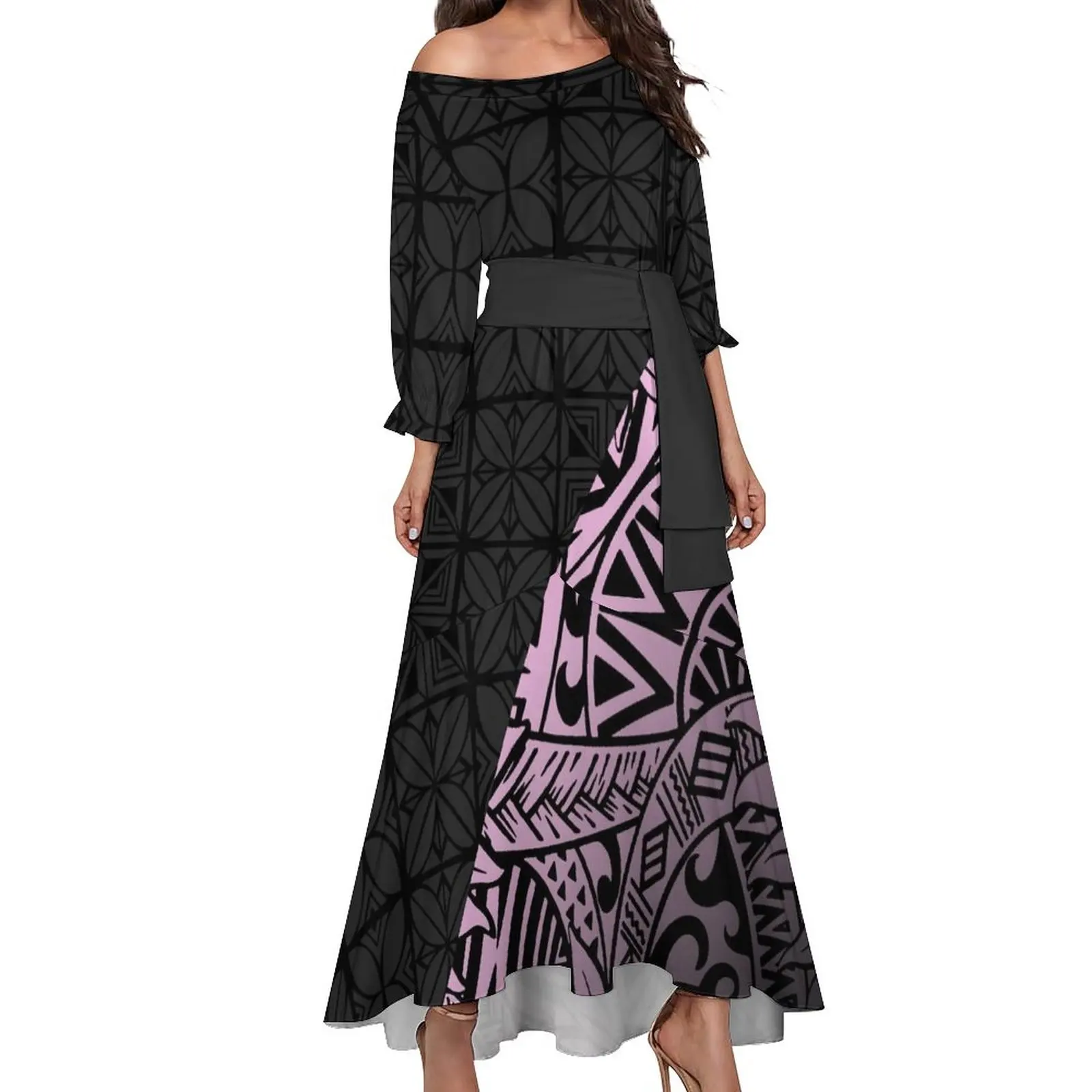 custom clothing women black tapa vintage style long dress lantern sleeve elegant one shoulder mermaid dress tapa dresses