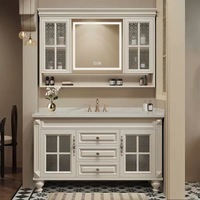 Meuble-lavabo de salle de bain de luxe sur pied en chêne massif avec double vasque en céramique et rangement