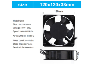 IP65 12038 交流轴流冷却风扇 110V 220V 240V 120x120x38mm 大风量，适用于工业机柜外壳排气通风 - Product Image 2