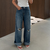 Jeans Femme Taille Haute Déchirés à Jambes Larges de Haute Qualité, Style Vintage avec Ourlet Relevé, Personnalisation OEM ODM
