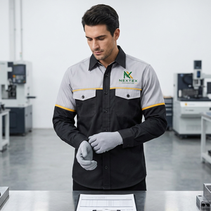 Ropa de Trabajo para Hombre, Camisa de Algodón de Manga Larga con Botones, Gris y Negro con Parches, Uniforme Antipolvo - Product Image 1