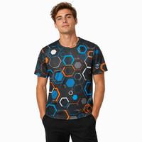 T-shirt à manches courtes en popeline 3D AOP pour homme, 100% polyester, charbon, motif hexagonal, séchage rapide, respirant, col rond, prêt à être expédié
