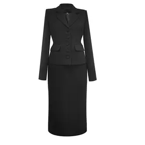 nero pannello esterno della giacca sportiva set Suppliers-Set eleganti da donna Blazer nero Slim Straight Female Skirt suit Office 2 pezzi