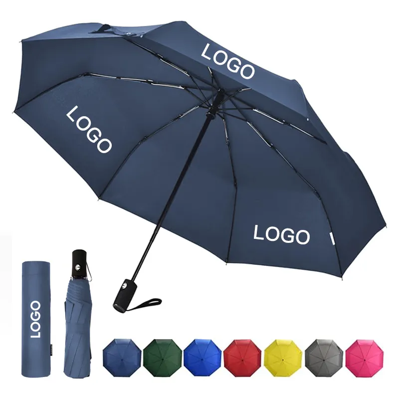 Guarda-chuva pessoal totalmente automático barato personalizado, portátil à prova de vento, 3 guarda-chuvas de publicidade dobráveis em nylon com logotipo para chuva