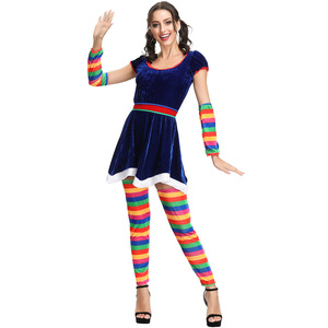 Costume de clown pour femme à rayures arc-en-ciel, inspiré des films et séries TV, avec robe en velours et chaussettes rayées pour Halloween et Noël - Product Image 4